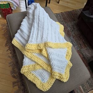 Hand-Crocheted Baby Blanket – Snowflake White & Sunny Yellow, 52" X 44"